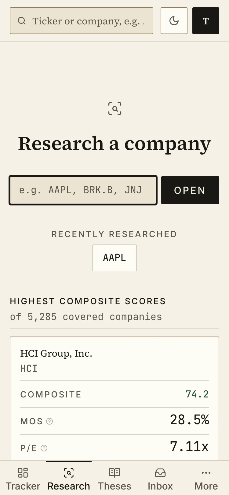 The research index: one ticker input, recently researched tickers as chips, and the ten highest composite scores among covered companies, led by HCI Group at 74.2 with a margin of safety of 28.5% and a price to earnings of 7.11x.