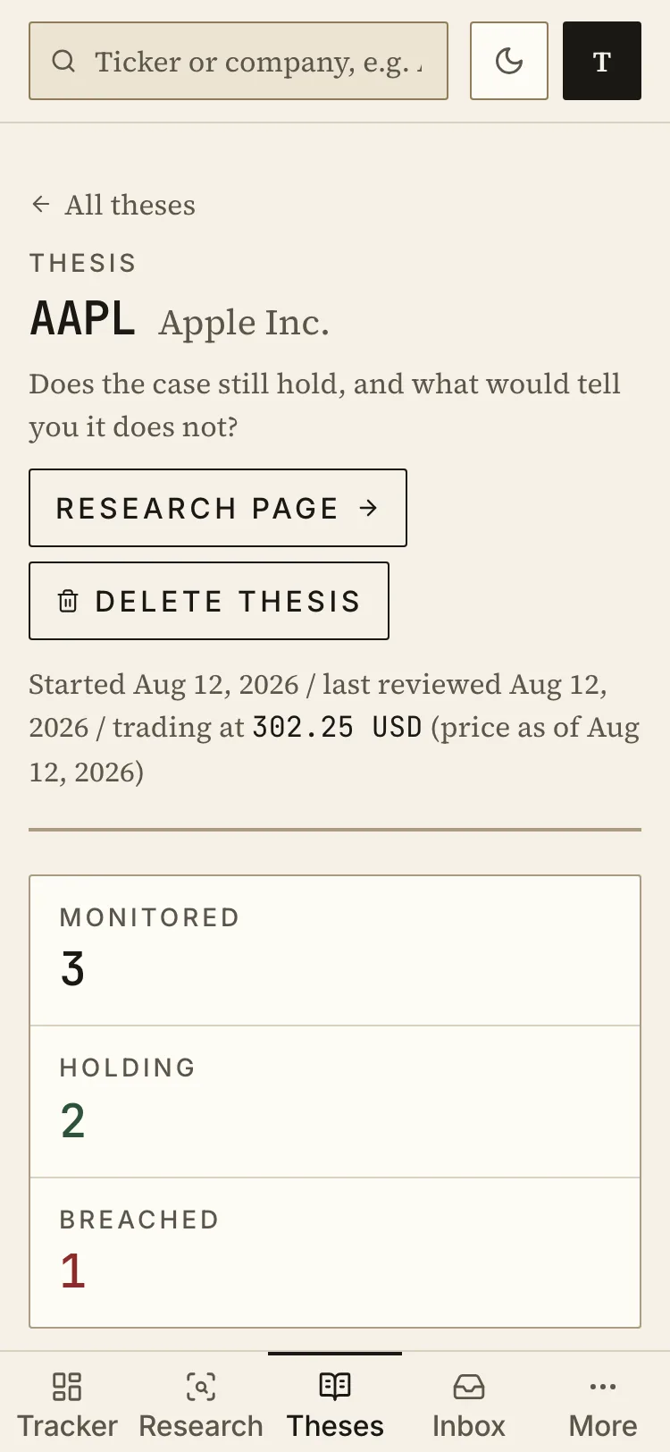 A thesis on Apple: the reasons to own it in the reader own words, above three assumptions being re-tested nightly, two holding and one breached, the breached line reading return on capital at 68.7% against the 75% the reader set.