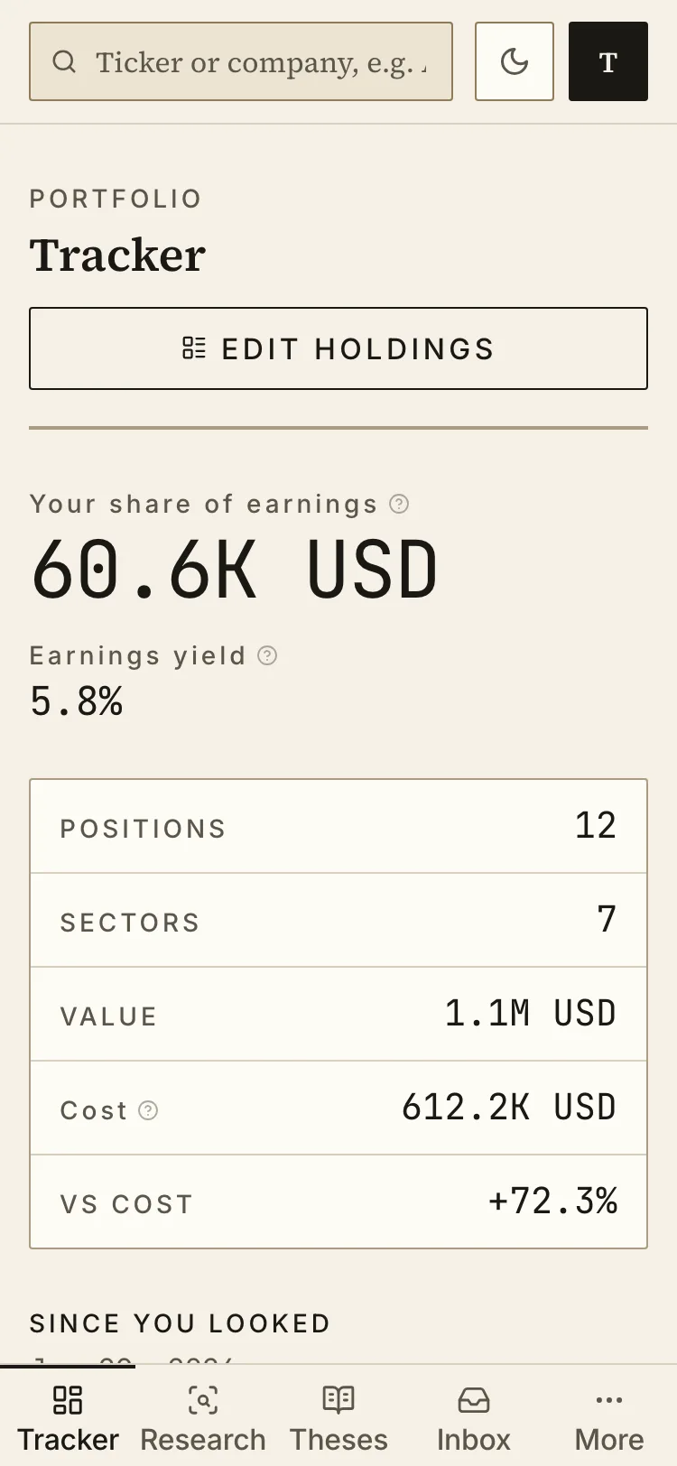 The tracker for a twelve position book: 60.6 thousand dollars of look-through earnings at a 5.7% yield, then the filings that landed since the reader last looked, each with what moved - HCI revenue up 11.1%, Mercury General net income up 58.3%, Apple third quarter revenue from 94.04 to 109.42 billion - above forensic exposure naming Oracle in the Altman distress zone and Exxon in the Piotroski weak band.