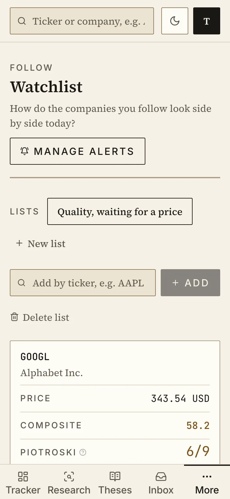A research ledger named Quality, waiting for a price, holding ten companies, each row carrying price, coverage tier and the same forensic figures the screener prints.